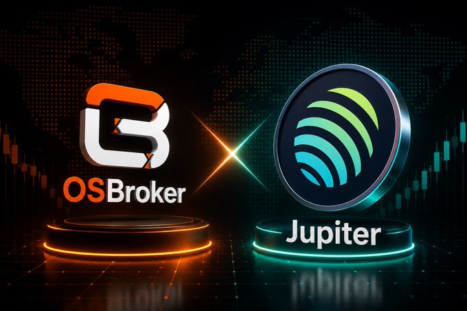 A promotional graphic shows two logos facing off against a trading chart background: 'OSBroker' in orange on the left and 'Jupiter' with a WiFi-style icon in teal on the right.