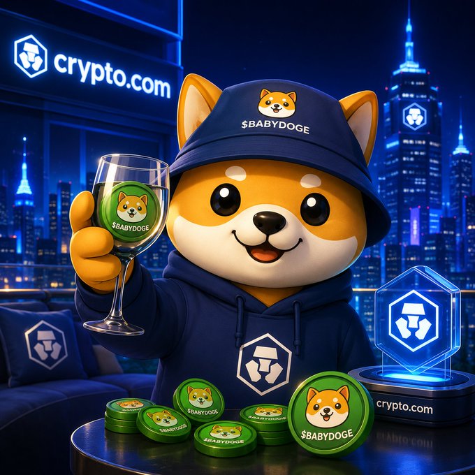 A cartoon Shiba Inu mascot wearing a $BABYDOGE cap and hoodie, holding a glass of wine with the $BABYDOGE logo, surrounded by branded coins in a city setting with crypto.com logos.