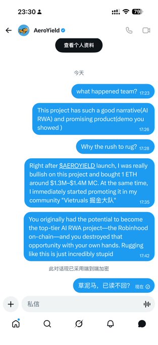 This is a screenshot of a direct message conversation from AeroYield, where a user expresses disappointment and anger over a rug pull on $AEROYIELD. The conversation shows the user asking "what happened team?" and detailing their loss of 1 ETH and promotion of the project to their community.