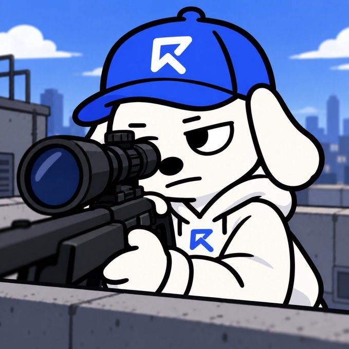 A cartoon white dog mascot wearing a blue cap and hoodie—branded with a stylized "R" logo—takes aim through a sniper scope from a rooftop, visually reinforcing the post's "anti-sniper measures" warning ahead of the $RUNNER whitelist phase where 333 spots go first before the public curve opens.