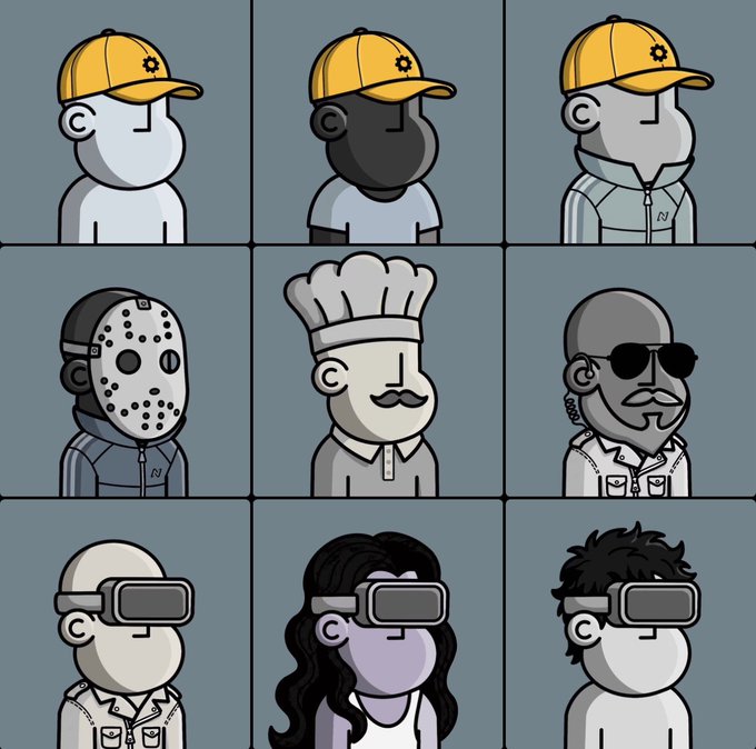 A 3x3 grid of cartoon avatar characters wearing various accessories including yellow caps, a hockey mask, a chef's hat, sunglasses, and VR headsets.