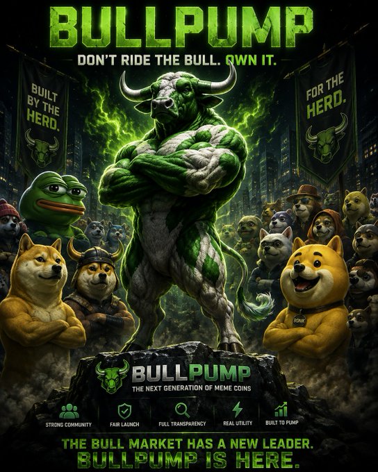 A vibrant promotional poster for the meme coin 'BULLPUMP' featuring a muscular green and grey bull-headed figure standing among a crowd of cartoon dogs, with the tagline 'DON'T RIDE THE BULL. OWN IT.'