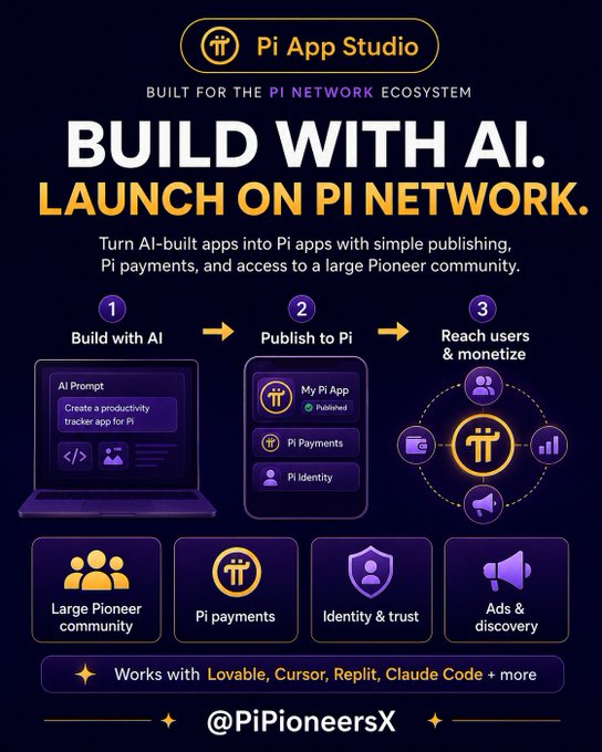 A poster with purple background showing an AI illustration of a process including users, payments, discovery, trust, etc., presented by Pi Network.