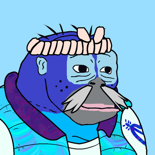 A cartoon illustration of a blue-skinned elderly NFT-style character with a white mustache, wearing a rope headband and colorful clothing against a light blue background.