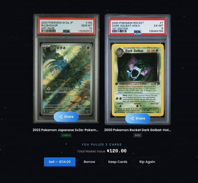 Two graded Pokemon cards displayed in PSA slabs: a 2023 Japanese Bulbasaur Art Rare (#166, Gem Mint 10) and a 2000 1st Edition Dark Golbat-Holo (EX-MT 7), with a total market value of $120.