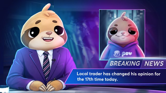 An AI-generated news broadcast featuring a sloth in a suit, with breaking news that "Local trader has changed his opinion for the 17th time today."