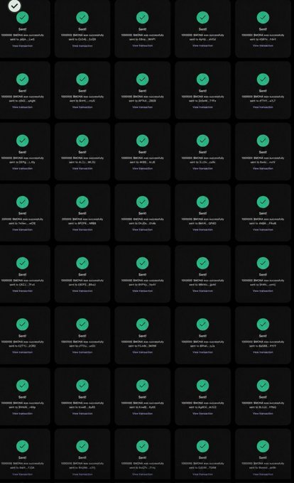 A grid of screenshots showing successful 100000 BOME token transfers on what appears to be a blockchain transaction viewer, each marked with green checkmarks and "Sent" notifications.