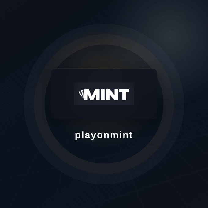 A dark promotional graphic features the MINT logo and the text 'playonmint' centered within a circular design.