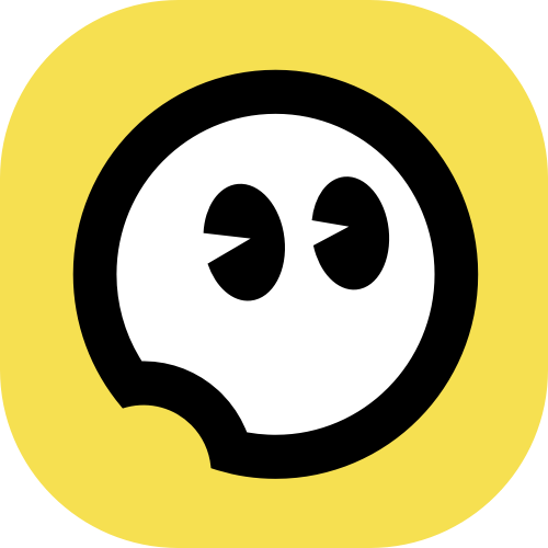 A simple graphic shows a black-outlined speech-bubble face with two black oval eyes on a yellow rounded-square background.
