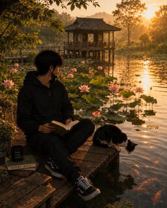 A young man in a black hoodie sits on a wooden dock by a lotus pond at sunset, reading a book beside a black and white cat, with a traditional Asian pavilion in the background and koi fish swimming below.