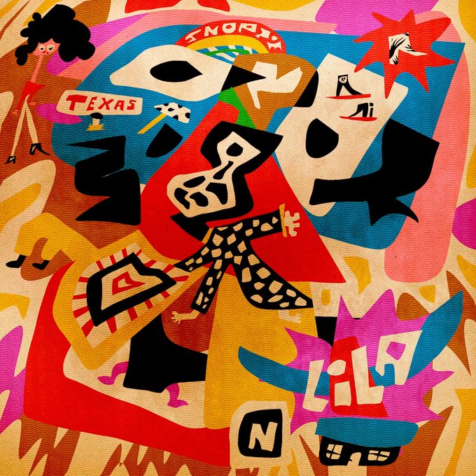 A colorful abstract textured artwork featuring bold red, blue, yellow, and black shapes, with the word 'TEXAS' visible in the upper left.