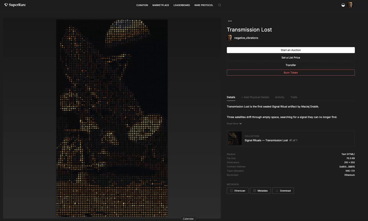 The image shows a computer screen displaying an online store page for "Transmission Lost" with a description of the artwork available for purchase. The website is hosted on Ethereum, and the artwork has been successfully sold. The frames are not hardcoded as media files but rather generated from code and compressed motion data. This means that the artwork can be easily accessed by anyone with an internet connection to view it without needing to download a physical copy.