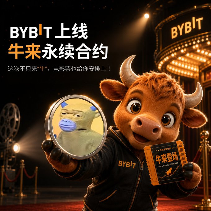 A promotional image for BYBIT featuring an animated bull character holding a magnifying glass showing a Shrek-like creature, with Chinese text reading 'BYBIT上线 牛来永续合约' (BYBIT launches bull perpetual contracts) and '这次不只来"牛"，电影票也给你安排上！' (This time it's not just about bulls, movie tickets are arranged too), along with '牛来登场 BULL MARKET PREMIER'.