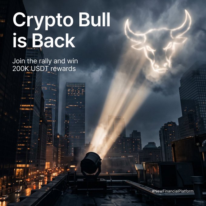 A promotional graphic featuring a glowing bull head formed in clouds above a city skyline, with text reading 'Crypto Bull is Back - Join the rally and win 200K USDT rewards' and '#NewFinancialPlatform'.