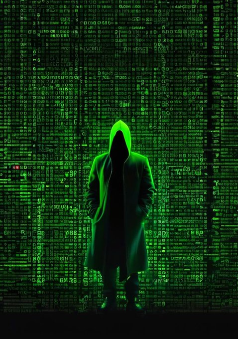 A figure in a dark hooded coat stands silhouetted against a wall of cascading green digital code, evoking a cyberpunk hacker aesthetic.