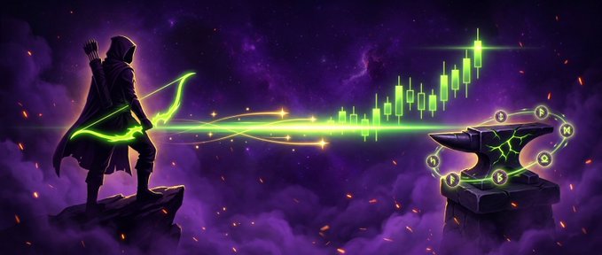 A digital fantasy artwork featuring a hooded archer with glowing green energy shooting across a purple cosmic sky toward an anvil topped with a necklace of cryptocurrency coin symbols, with green candlestick charts floating in the middle.