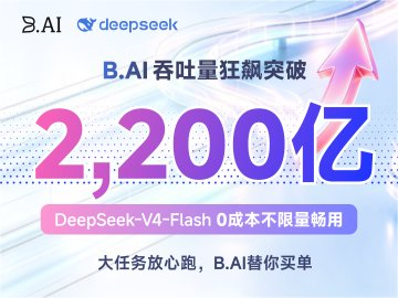 A promotional graphic in Chinese with the text 'B.AI 吞吐量狂飙突破 2,200亿' and 'DeepSeek-V4-Flash 0成本不限量畅用', featuring the B.AI and DeepSeek logos.