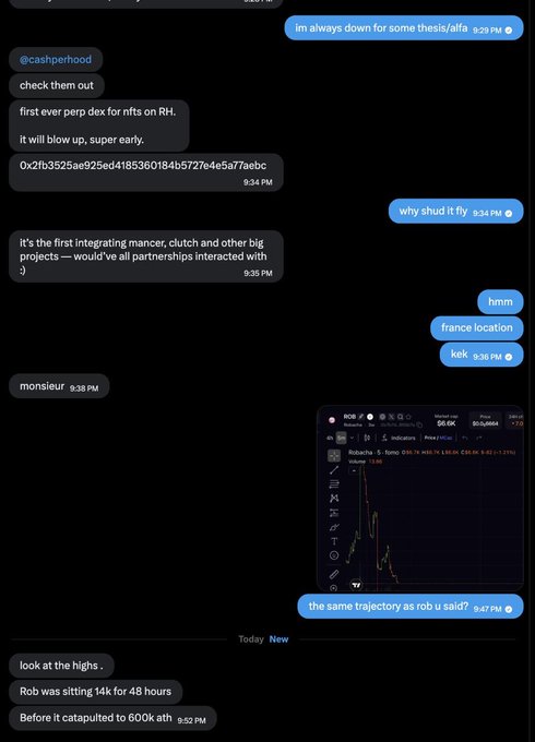A Telegram conversation where @casperhood pitches "the first ever perp dex for nfts on RH" (contract 0x2fb3525ae925ed4185360184b5727e4e5a7aebc), highlighting integrations with Mancer, Clutch, and other projects. A chart shows "ROB" on DexScreener, with the poster noting Rob was sitting at 14k for 48 hours before getting "catapulted to 600k." The image ties to the warning about scammers and undisclosed paid KOLs, illustrating a typical "alpha" pitch that often precedes rug pulls.