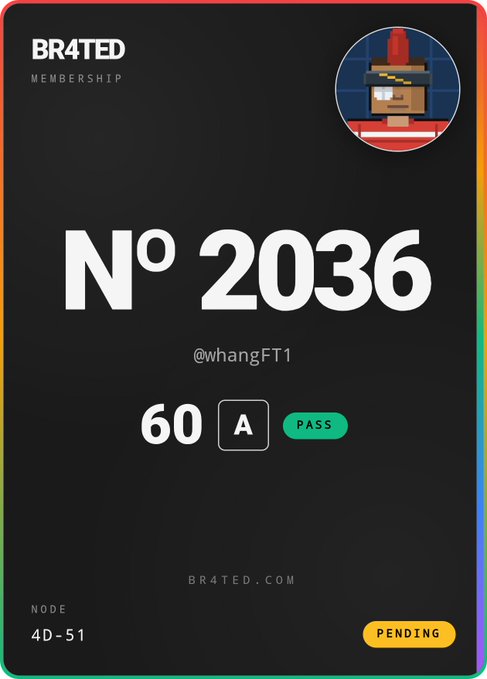 A BR4TED MEMBERSHIP card N° 2036 for user @whangFT1 showing a score of 60, grade A PASS status, with Node 4D-51 marked PENDING.