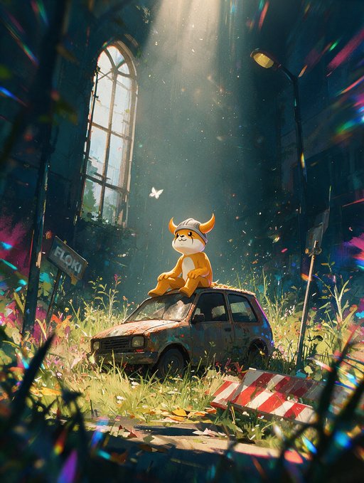 A whimsical Floki character wearing a horned helmet sits atop an abandoned, moss-covered car in an overgrown urban ruin, with a "FLOKI" street sign visible nearby. The image captures the melancholy, exhausted atmosphere of "end of month" fatigue—sitting dejected amid decay with a red and white barrier signaling closure, mirroring the feeling of being worn out and weathered by the passage of time.