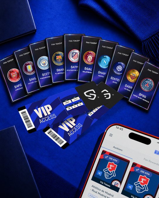 A promotional image displays multiple 'FAN TOKEN' cards featuring logos of various football clubs including Arsenal, Aston Villa, Manchester City, FC Barcelona, Atletico de Madrid, Galatasaray, Napoli, Inter, AS Roma, and Paris Saint-Germain, along with VIP ACCESS tickets and a smartphone showing an auction screen for Atletico de Madrid VIP tickets priced at 100 ATM.
