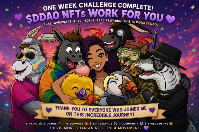 A colorful cartoon illustration celebrates the completion of a one-week challenge for $DDAO NFTs with the text "ONE WEEK CHALLENGE COMPLETE! $DDAO NFTs WORK FOR YOU — REAL GIVEAWAYS. REAL PEOPLE. REAL REWARDS. THIS IS DONKEYDAO," featuring a group of anthropomorphic animals and a woman gathered together, with a banner reading "THANK YOU TO EVERYONE WHO JOINED ME ON THIS INCREDIBLE JOURNEY!" and listing features like "STAKING, GAMES, GIVEAWAYS, LP REWARDS, COMMUNITY, STATUS PERKS," reinforcing the post's message about the rewarding DonkeyDAO NFT ecosystem.