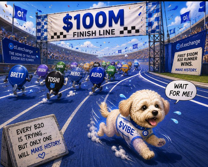 An illustrated promotional image for 'ol.exchange' showing a race to a '$100M FINISH LINE' with a cute puppy wearing a '$VIBE' shirt saying 'WAIT FOR ME!' chasing runner characters labeled 'BRETT', 'DEGEN', 'TOSHI', 'AERO', and others, with text 'EVERY B2O IS TRYING... BUT ONLY ONE WILL MAKE HISTORY.'