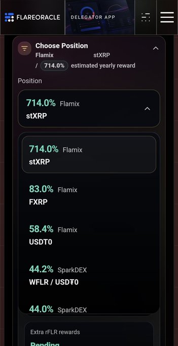 A FlareOracle Delegator App interface showing a 'Choose Position' panel listing liquidity pair rewards: Flamix stXRP (714.0%), Flamix FXRP (83.0%), Flamix USDT0 (58.4%), SparkDEX WFLR/USDT0 (44.2%), and SparkDEX (44.0%).