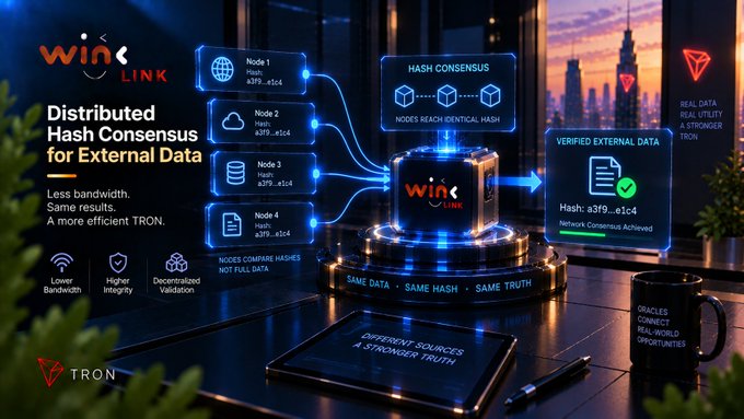 A promotional graphic for WinLink TRON showcasing 'Distributed Hash Consensus for External Data' with key features like lower bandwidth, higher integrity, and decentralized validation, highlighting 'VERIFIED EXTERNAL DATA' and 'DIFFERENT SOURCES, A STRONGER TRUTH.'
