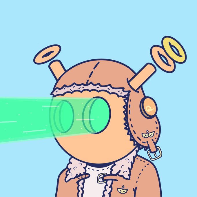 A cartoon illustration of a character wearing a patched aviator-style cap with antennae topped by coin rings, shooting a green laser beam from its eyes against a light blue background.