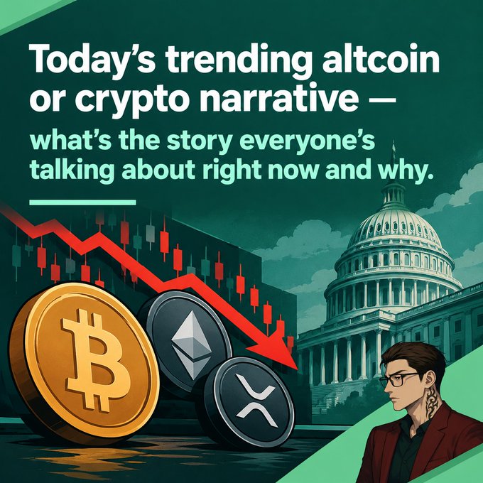 A graphic illustration asking 'Today's trending altcoin or crypto narrative – what's the story everyone's talking about right now and why,' featuring Bitcoin, Ethereum, and XRP coins with a downward red trend arrow against a backdrop of the U.S. Capitol.
