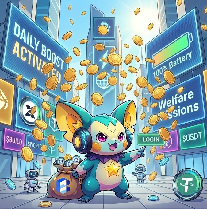 A cheerful teal cartoon creature with large ears holds a money bag overflowing with coins amid a shower of gold coins, surrounded by signs reading "DAILY BOOST ACTIVATED," "100% Battery," "Welfare Missions," "$BUILD," "$WORLD," "LOGIN," and "$USDT," with small robots flanking it—visually reinforcing the post's theme of staking and claiming $BUILD and $WORLD rewards through daily check-ins.