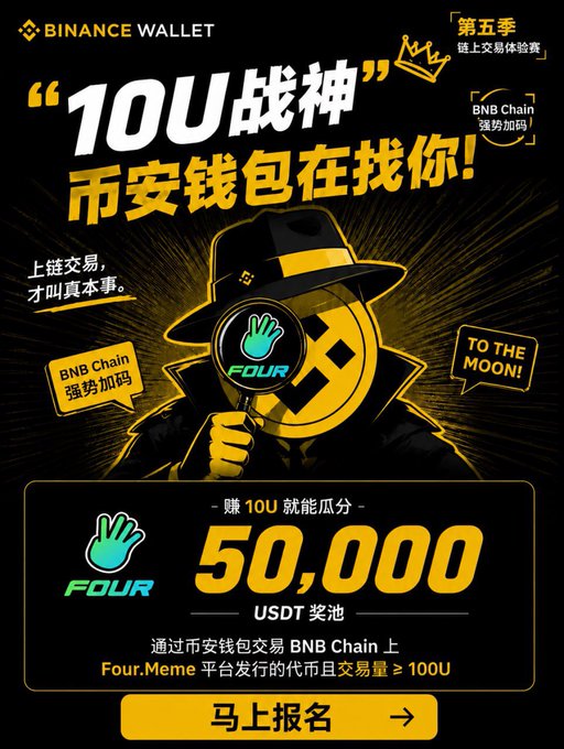 A Binance Wallet promotional poster in Chinese announcing the '10U战神' (10U War God) Season 5 chain trading experience contest with a 50,000 USDT prize pool for trading Four.Meme tokens on BNB Chain.