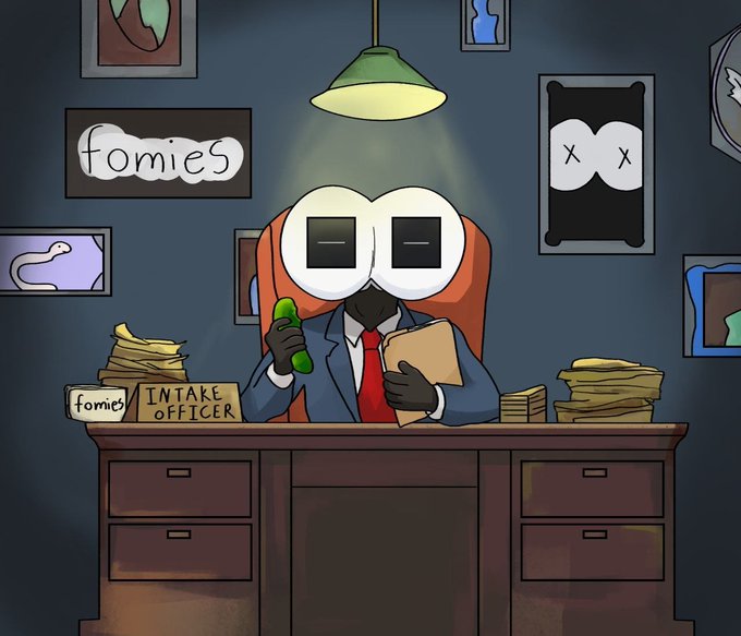 An illustration of an 'Intake Officer' character sitting at a desk with stacks of papers, holding a phone and folder, with a nameplate reading 'fomies' on a coffee mug.