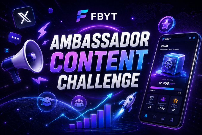 The image features a phone with an app icon, which displays "FBYT" at the top. The background behind the phone shows a dark blue color scheme with various symbols and icons related to content creation or social media platforms like Twitter, Facebook, and Instagram. The text on the screen reads "AMBASSADOR CONTENT CHALLENGE", indicating that there is an app challenge for creating engaging content using these platforms.