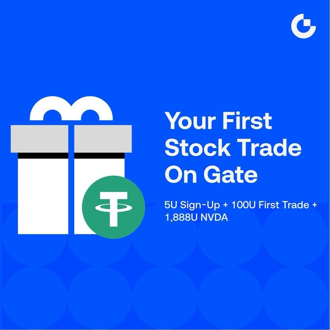 A promotional graphic for Gate features a white gift box and a Tether (USDT) coin on a blue background, advertising a "Your First Stock Trade On Gate" bonus offer of 5U for sign-up, 100U for the first trade, and 1,888U NVDA reward. The image visually reinforces the campaign's promise of free rewards for new users making their first stock trade on the platform.