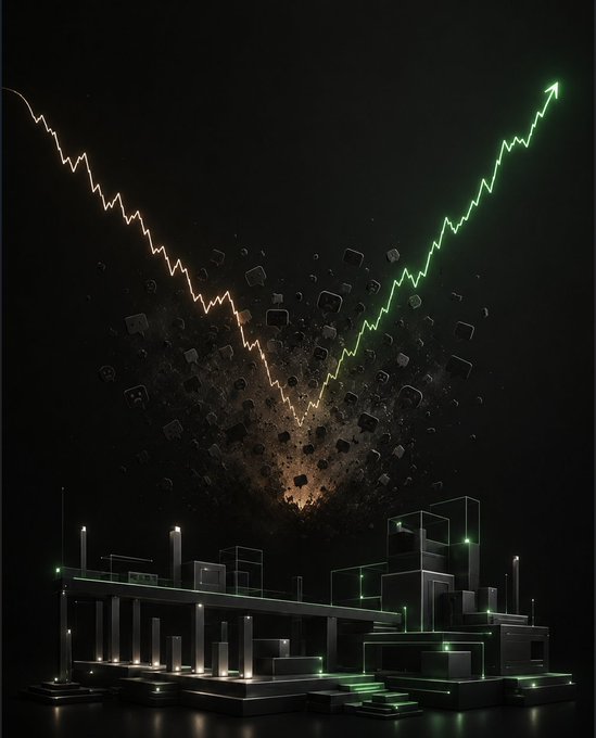 A glowing green upward arrow and a crumbling orange downward arrow collide above a dark cityscape amid swirling debris, symbolizing the volatile tug-of-war between bullish recovery and bearish fear in crypto markets, reflecting the post's theme of recurring market psychology and FUD near bottoms.
