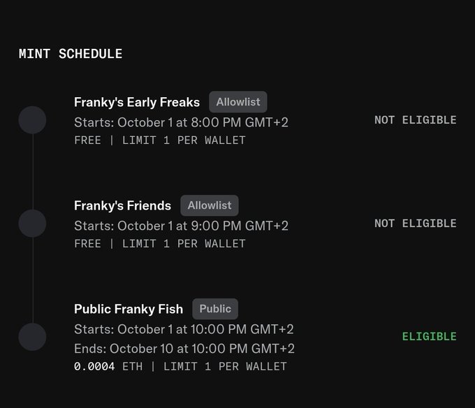 A 'MINT SCHEDULE' graphic details three phases: 'Franky's Early Freaks' (Allowlist, Oct 1 at 8:00 PM GMT+2, NOT ELIGIBLE), 'Franky's Friends' (Allowlist, Oct 1 at 9:00 PM GMT+2, NOT ELIGIBLE), and 'Public Franky Fish' (Public, Oct 1-10 at 10:00 PM GMT+2, 0.0004 ETH, ELIGIBLE).