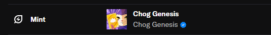 A dark interface shows user avatars and display names 'Mint' and 'Chog Genesis' with accompanying icons.