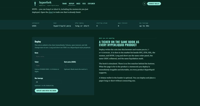 Screenshot of the Hyperfork DeFi platform with a deployment form for a HyperLiquid perpetual contract, showing options for collateral (USDC), start volume (50 exp!), open interest, and max leverage (up to 50x), alongside promotional text stating 'A TICKER ON THE SAME BOOK AS EVERY HYPERLIQUID PRODUCT'.