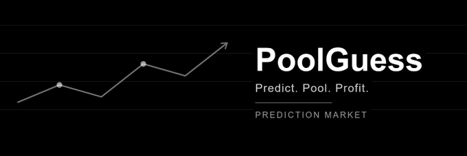 A logo for 'PoolGuess' prediction market with the tagline 'Predict. Pool. Profit.' alongside an upward-trending line graph on a black background.
