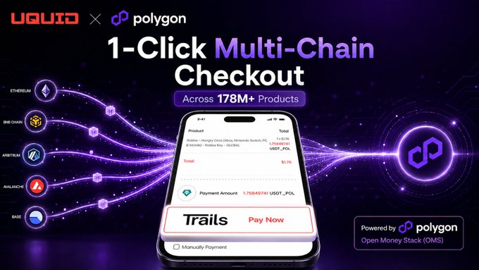 A promotional graphic for "UQUID x polygon" advertising a "1-Click Multi-Chain Checkout" across "178M+ Products," featuring various cryptocurrency logos connected by glowing purple lines to a smartphone displaying a payment interface.