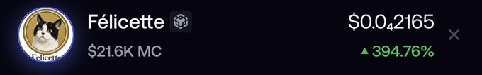 The image shows a cryptocurrency ticker for "Félicette" with a market cap of $21.6K, a price of $0.042165, and a 394.76% increase, matching the meme coin mentioned in the post as a potential Binance Smart Chain runner with low market cap.