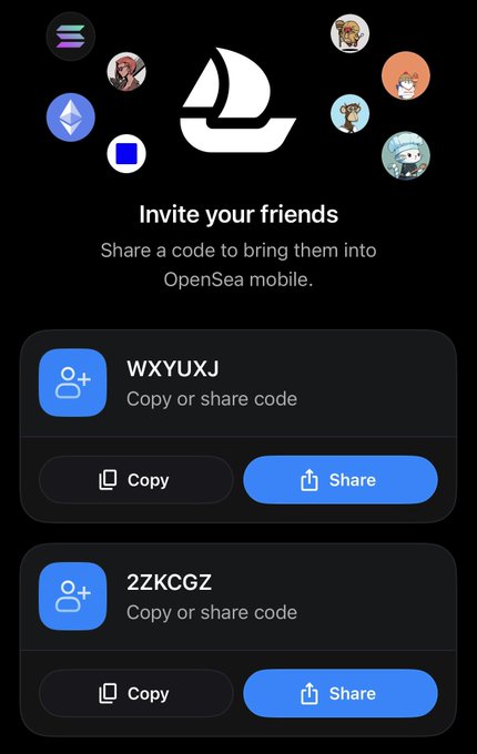 A mobile app screen for OpenSea displaying an 'Invite your friends' referral page with codes 'WXYUXJ' and '2ZKCGZ' alongside Copy and Share buttons.