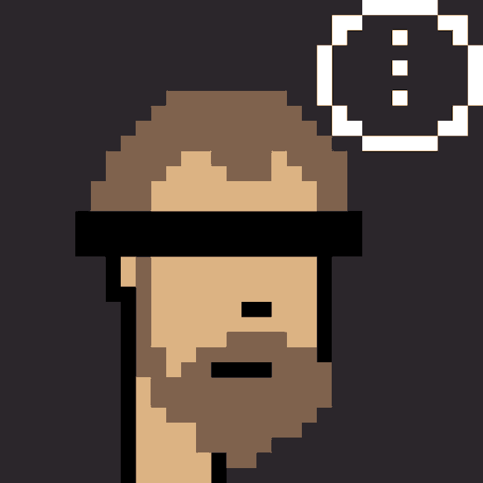 A pixel art illustration of a bearded man with a serious expression, accompanied by a white speech bubble containing three dots, indicating he is thinking or hesitating.