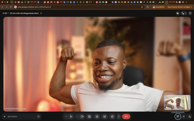 A smiling man flexes his arm during a Google Meet call titled "30 min with ole (thegreatola elu#)" with Ola Elu (thegreatola) labeled in the corner, capturing the casual post-workout video chat referenced in the caption about checking in after the gym.