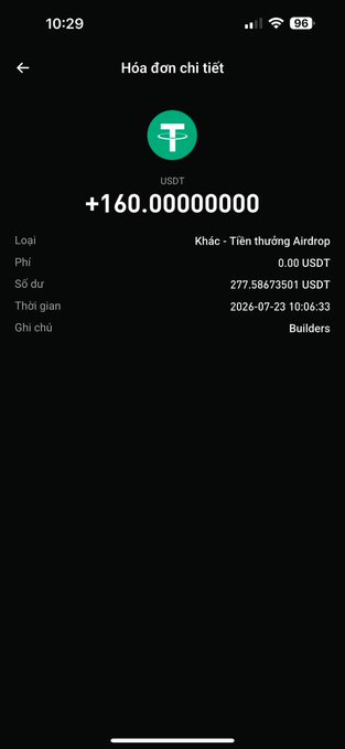 A Vietnamese transaction receipt (Hóa đơn chi tiết) showing a +160.000000000 USDT airdrop credit, with date 2026-07-23, fee 0.00 USDT, and remaining balance 277.58673501 USDT.