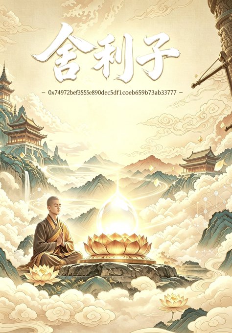A stylized Asian-themed poster featuring a meditating monk beside a glowing lotus flower, with Chinese characters and a blockchain address (0x74972bef3555e890dec5df1coe659b73ab33777) displayed at the top.