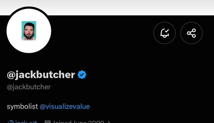 A Twitter profile screenshot for @jackbutcher, a verified user describing himself as "symbolist @visualizevalue," with an illustrated portrait avatar. The image relates to the post's nostalgic reference to early crypto/NFT market activity, fitting Butcher's known branding around visual symbolism and value-focused commentary.