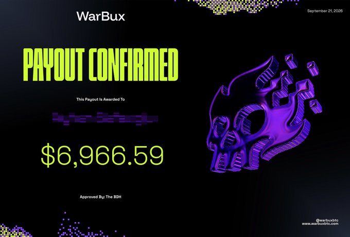 A 'WarBux' payout confirmation screen dated September 21, 2026 shows $6,966.59 awarded, approved by The BDH, with a purple 3D graphic.